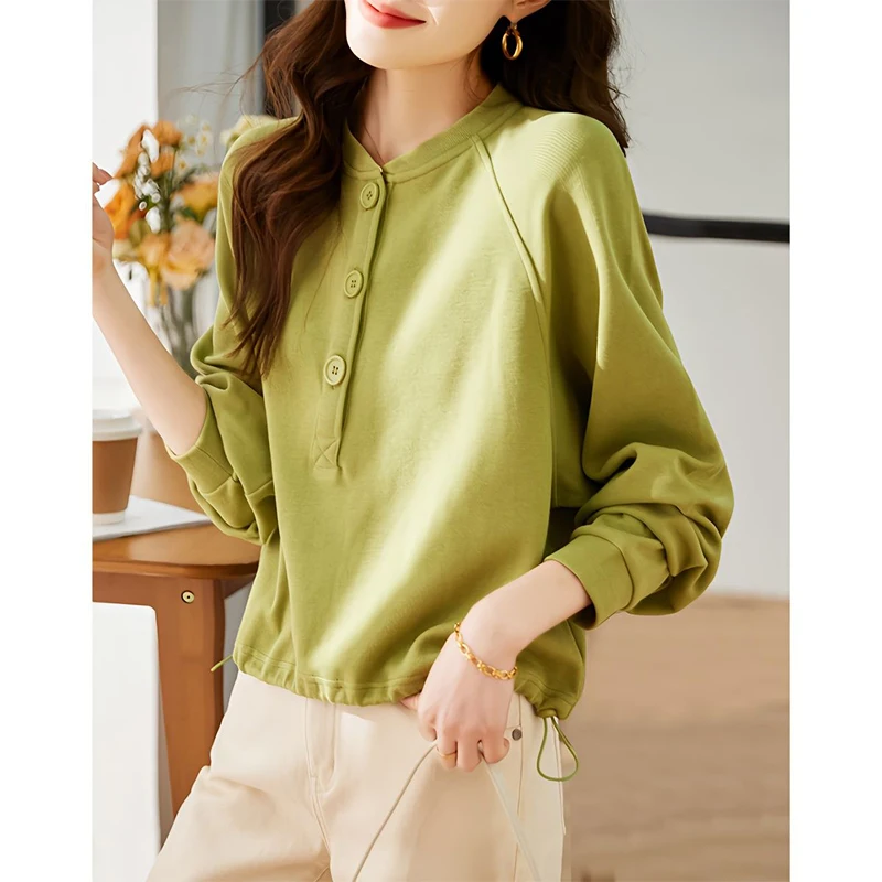 Autumn Winter Solid Color Loose Casual Cotton Sweatshirt Ladies Long Sleeve Simple Fashion Tops Women All-match Buttons Pullover