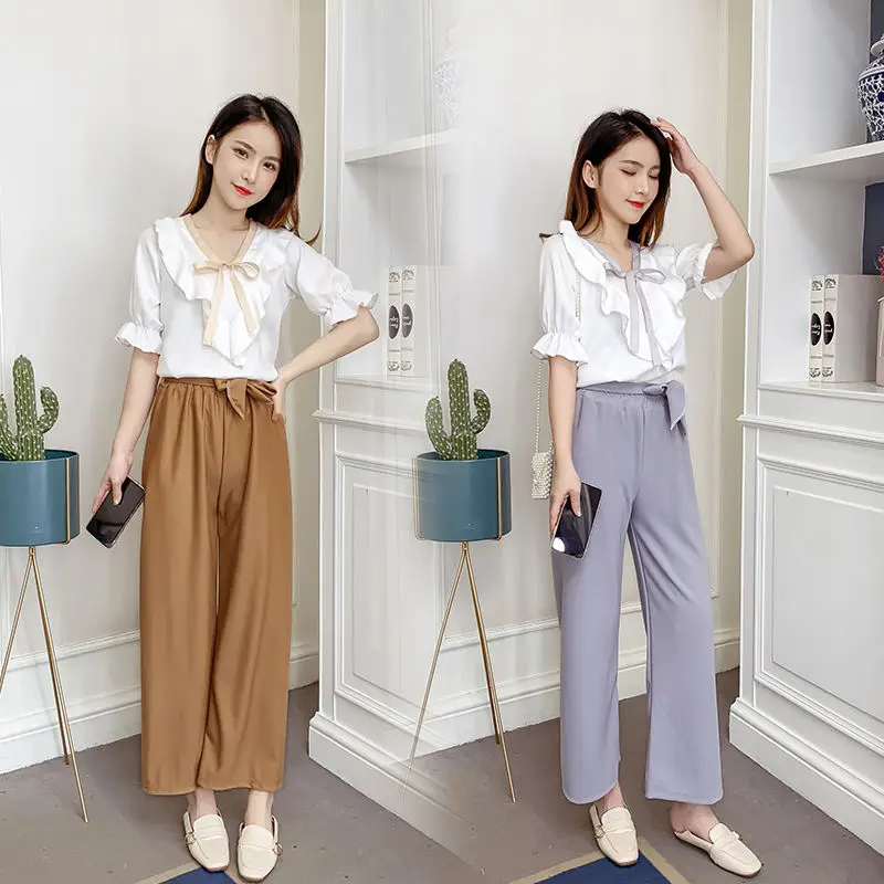 

Set of women's summer two-piece casual women's new trendy and fashionable short sleeved wide leg slim cropped pants