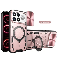 Slide Camera Shield Phone Case with Magnetic Ring Stand - Full Protection Shockproof Cover for Poco F9 Pro (Rose Gold)