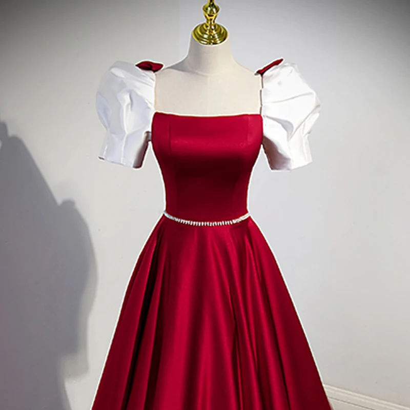 Evening Dress Short Sleeves Burgundy Lace Up Floor Length Pleat A-Line Square Collar Satin Plus Size Women Party Dresses B2688