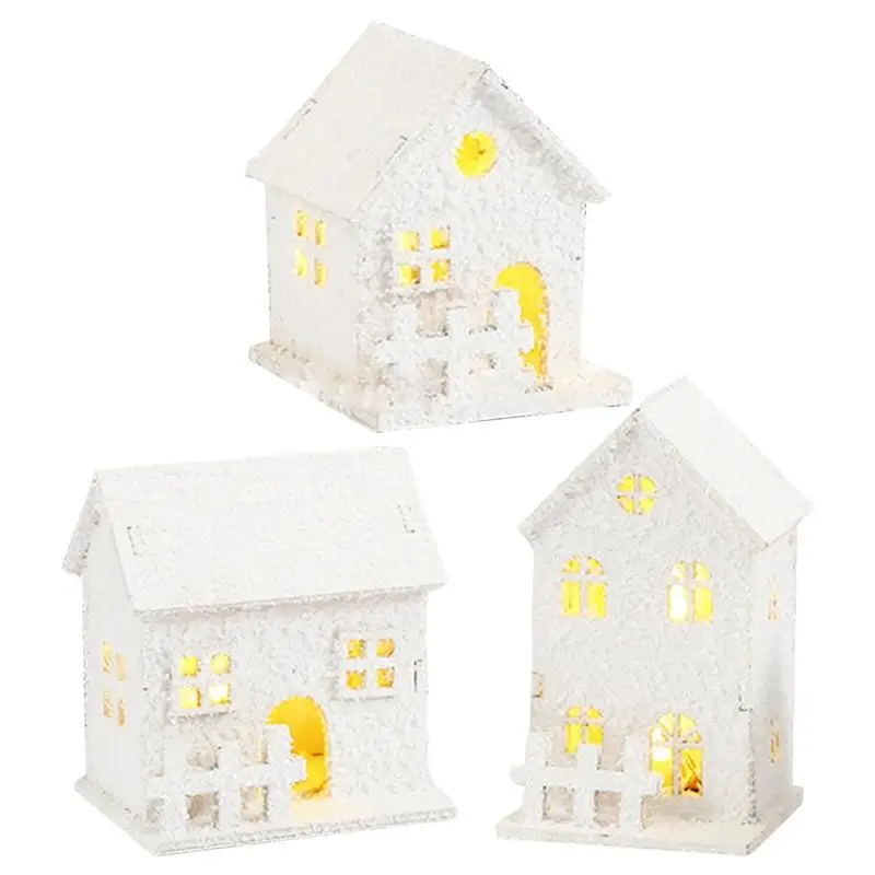 Christmas LED Light Wooden House White Snow Luminous Cabin Christmas Tree Hanging Ornament Glowing Castle Gift New Year