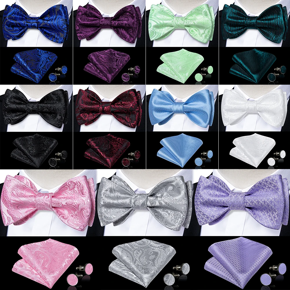 Selbstbindende Fliege mit Einstecktuch und Manschettenknöpfen – Geschenk für Herren: Paisley, Uni, Blumenmuster, gewebte Schleife für Hochzeit, Abschlussball, Smoking