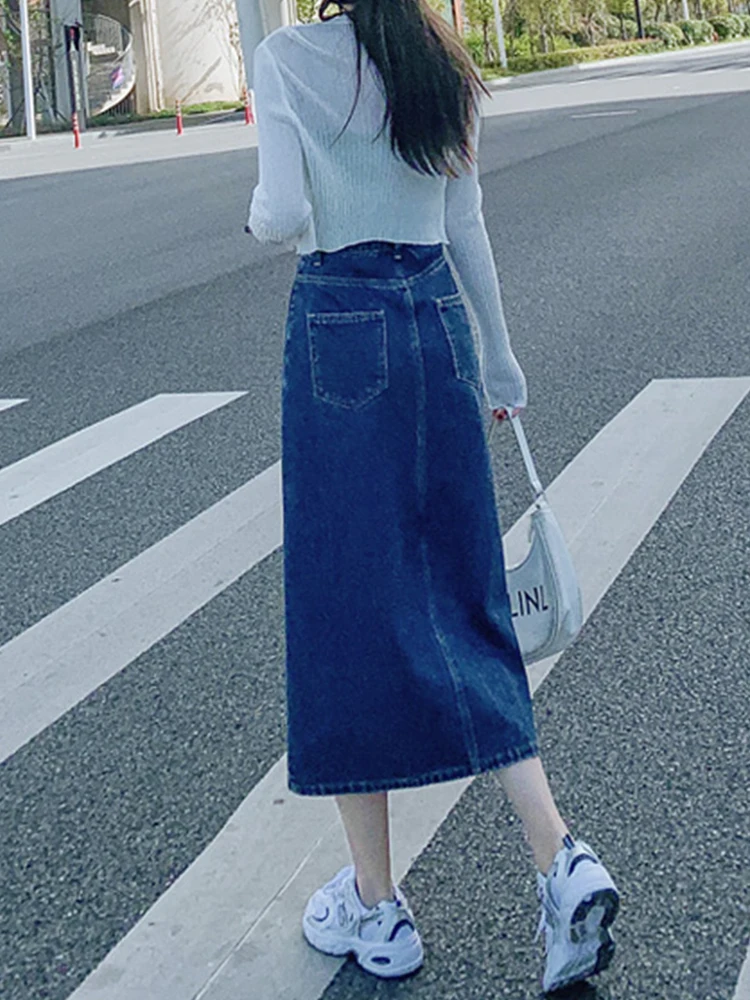 nike skirt Yitimoky 2022 Spring New Women's Long Denim Skirts Girls Blue High Waist Button Pockets Split Jeans Straight Denim Ladies Skirts slazenger skort