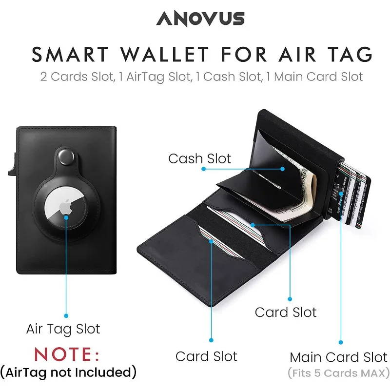 CASEKEY Men Cow Leather Smart Airtag Wallet RFID Crazy Horse Premium Leather Magnetic Closure Pop Up Credit Air Tag Card Holder
