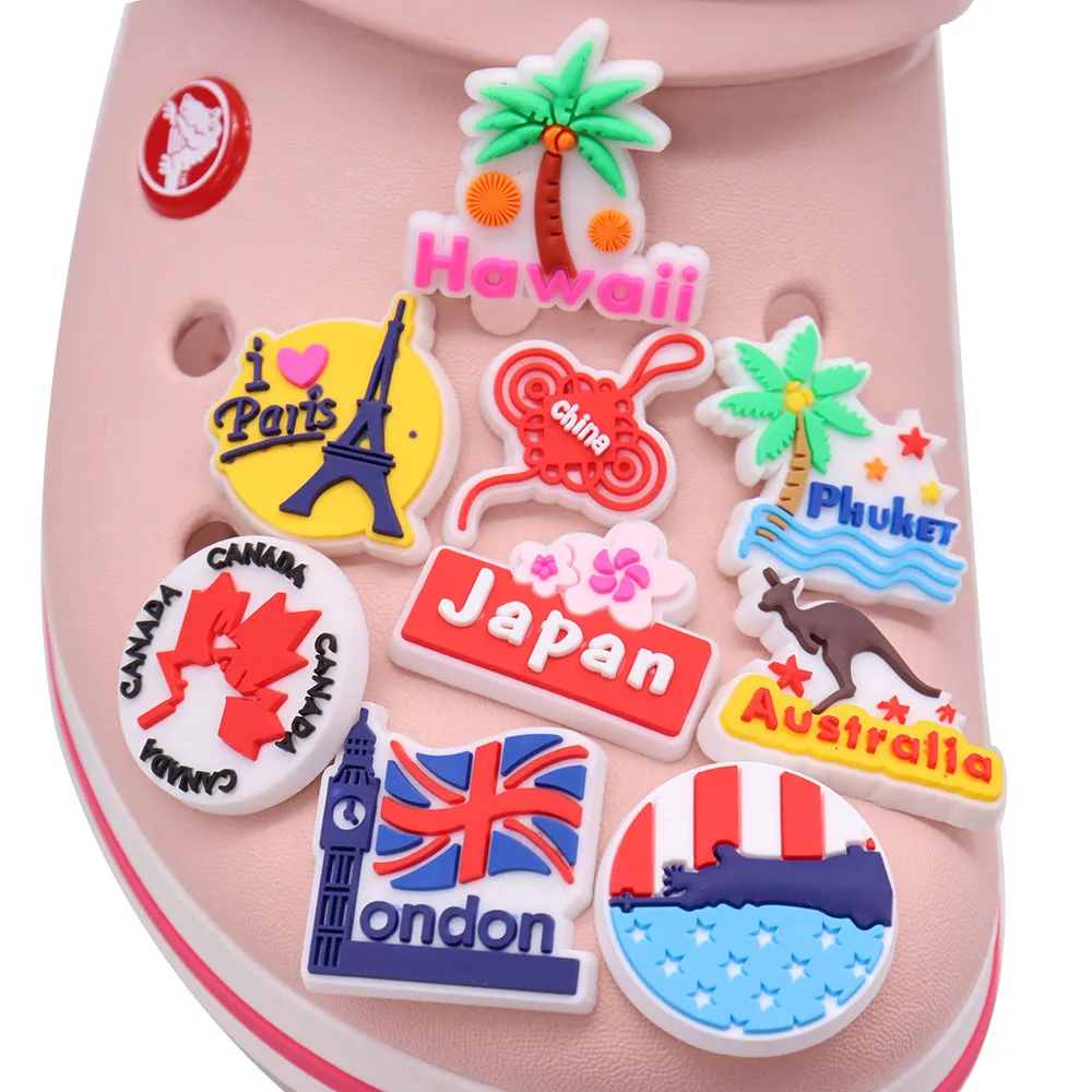 19pcs Pvc Croc Charms National Logo Hawaii Japan Australia Pais China American Canada Silicone