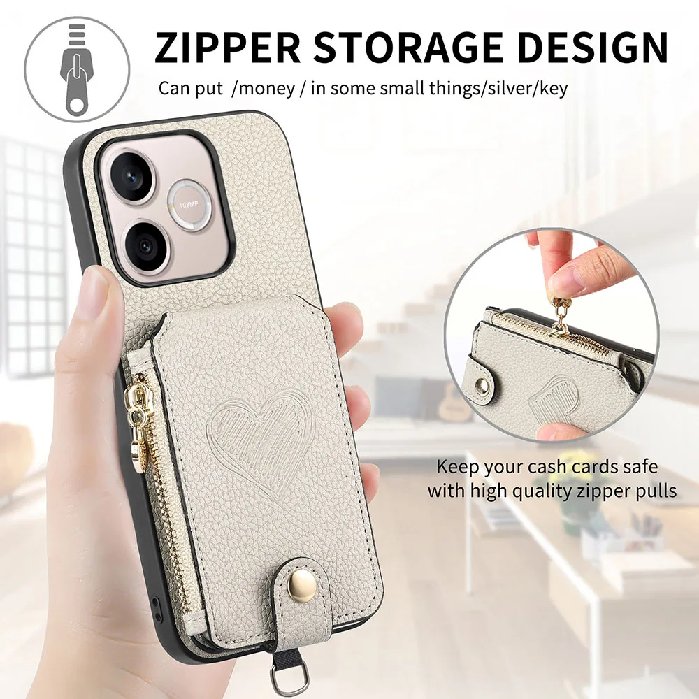 Zipper Wallet Leather Phone Case with Card Holder and Lanyard