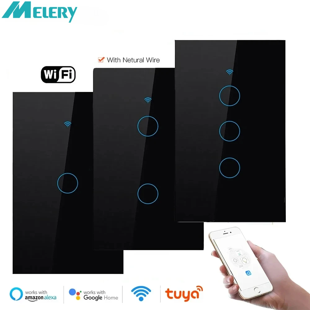 สวิตช์ไฟอัจฉริยะ Melery Wifi แบบติดผนัง หน้าจอสัมผัสกระจก ควบคุมด้วยเสียง รีโมทไร้สาย รองรับ Alexa และ Google Home 1/2/3/4 ช่อง 1
