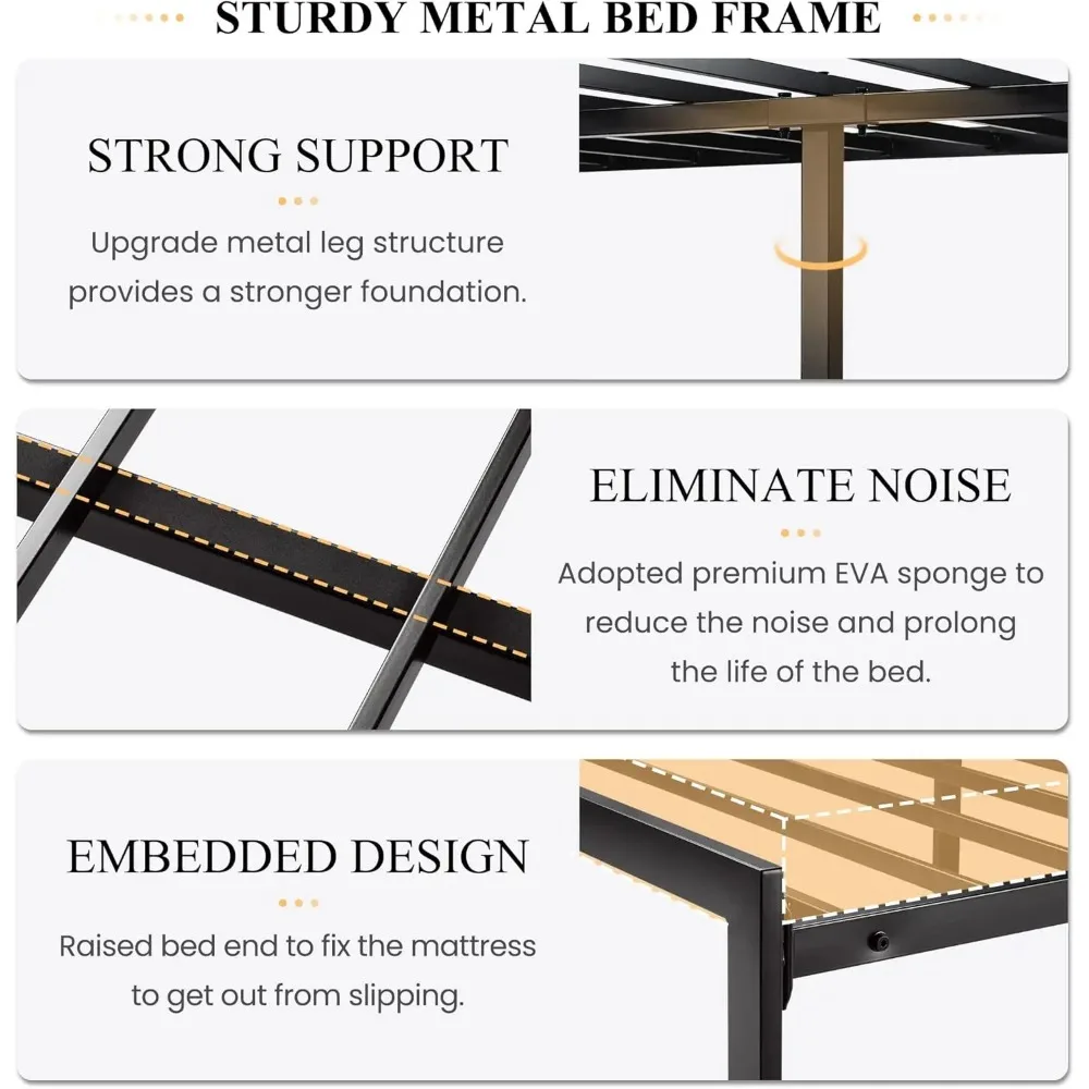 King Size Bed Frame with Upholstered Headboard, Platform Bed Frame with Metal Slats, Button Tufted Square Stitched Headboard, No 5