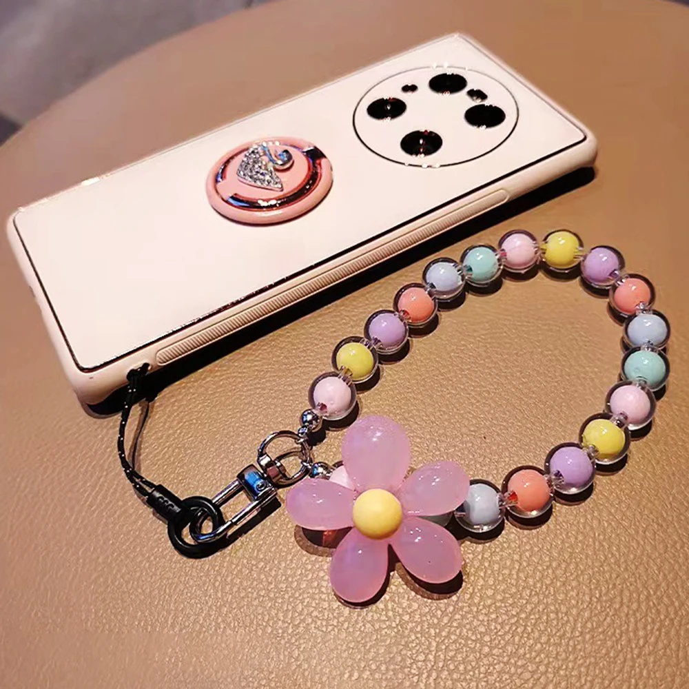 Phone Charm Colorful Lanyard Bow Heart Beaded Bracelet Flower Butterfly Pearl Mobile Phone Wrist Strap Acrylic Anti-Lost Chains
