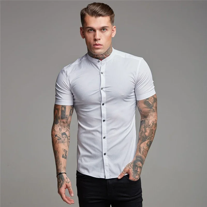 New Arrivals Summer Man Short Sleeve Shirt Solid Fitness Mens Stand Collar Super Slim Fit Business Dress Shirt Button Gym Tops 4