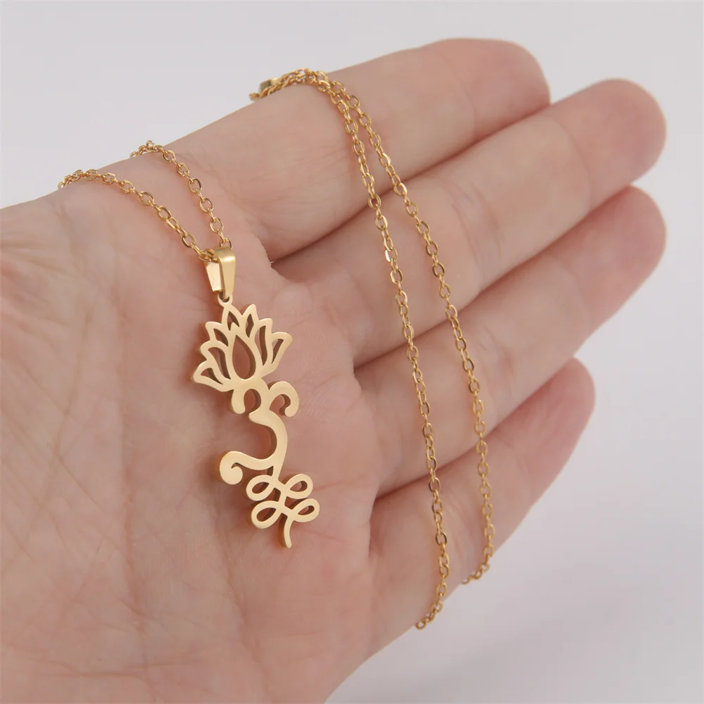 Lotus Unalome Anhänger Halsketten für Frauen Ketten Halsreif Yoga Heilung Halskette Edelstahl Buddhismus spirituellen Schmuck weiblich – Detail 20