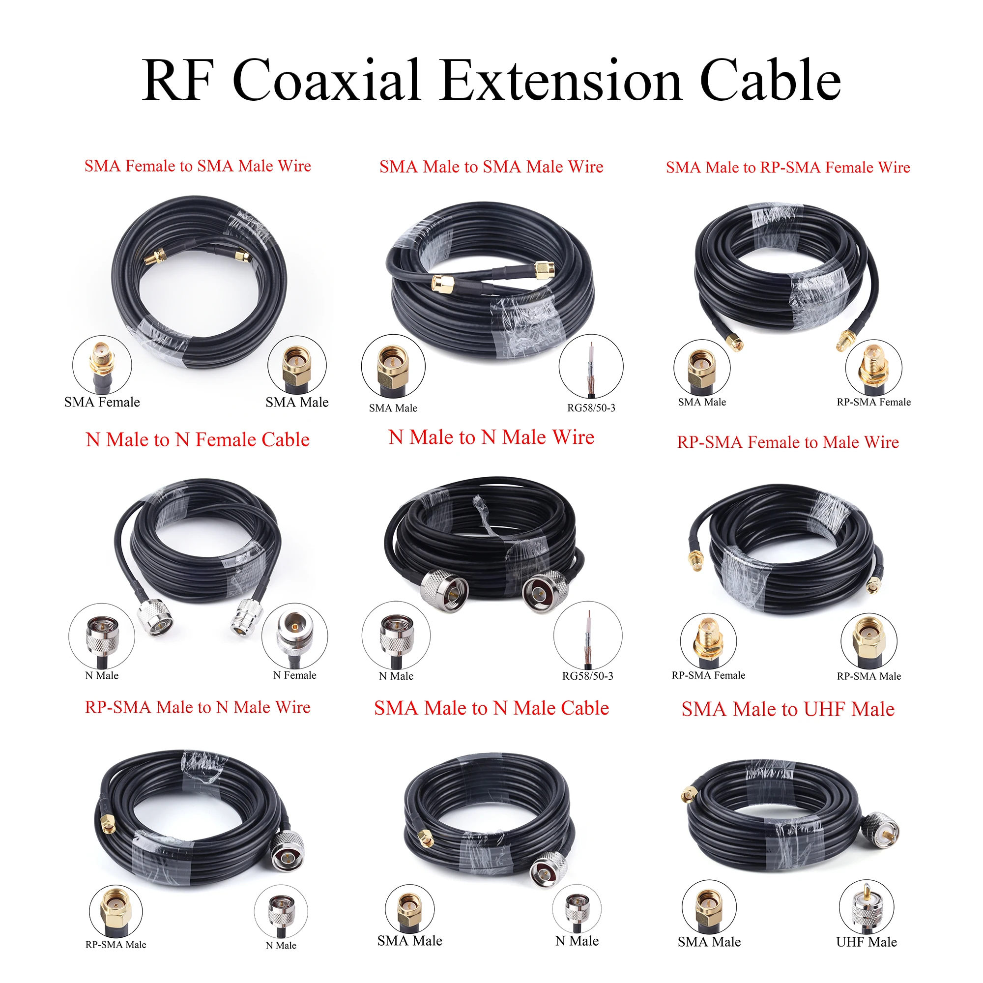 RF Coaxial Cable 10M(32.8ft) RG58/50-3 N/SMA/RP-SMA/UHF Male to N/SMA/RP-SMA Female/Male Extension Wire For Antenna