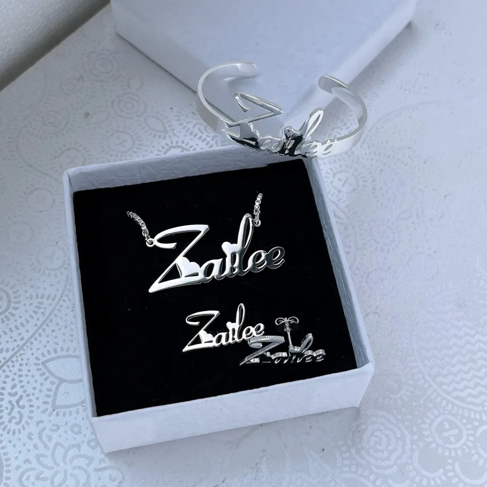 DUOYING-Conjunto De Jóias De Placa De Identificação Personalizada Para Crianças, Pulseiras De Nome Personalizado, Caixa De Studs De Carta Personalizada, Colar De Identificação, Presente