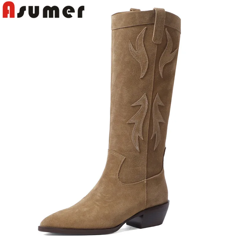 

ASUMER 2024 New Pointed Toe Knee High Boots Ladies Cow Suede Leather Western Boots Slip On Square Med Heels Spring Boots