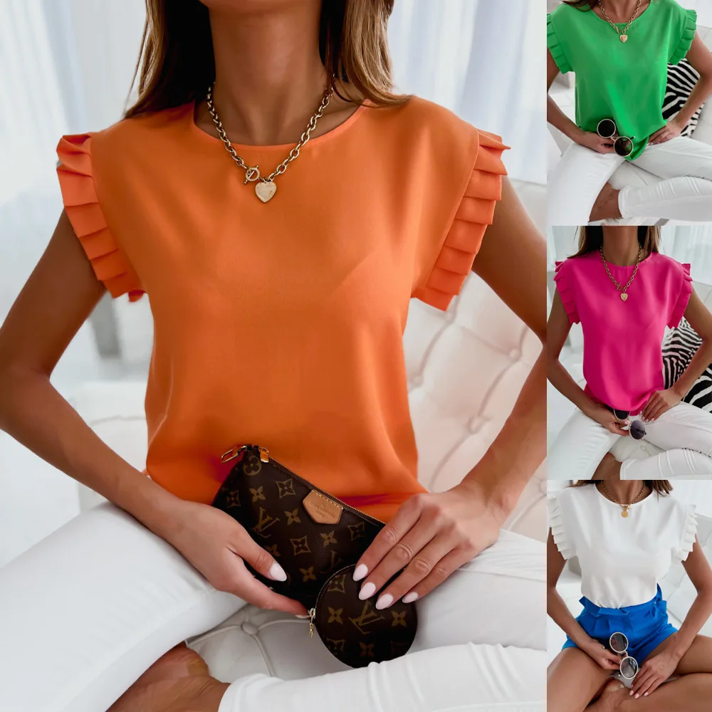 Women Ruffle Short Sleeve Solid Color Blouse Top