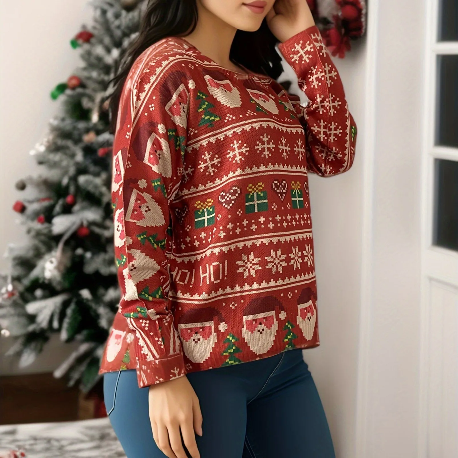 thumbnail image 1 of Suéter navideño para mujer, sudadera con cuello en V y botones, suéteres para mujer, suéteres con gráficos de moda para hombres, 1 of 4