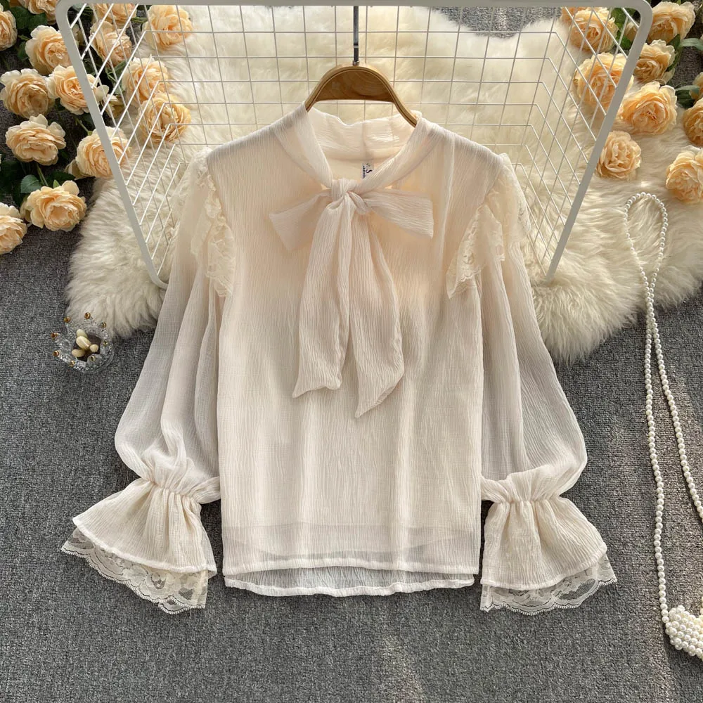 

Spring 2022 New Bow Chiffon Shirt Female Design Sense of Minority Chic Bubble Sleeve Foreign Style Shirt
