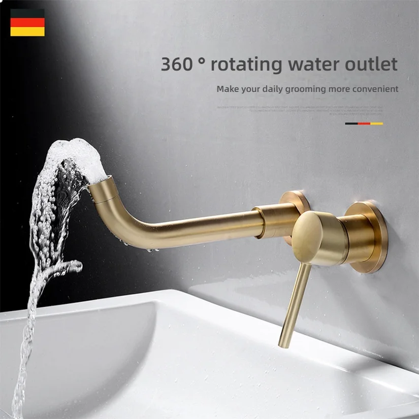 Modern Brass Wall Mounted Bathroom Basin Faucet Concealed Wall Sink 360° Swivel Spout Hot And Cold Water Bathtub Tap