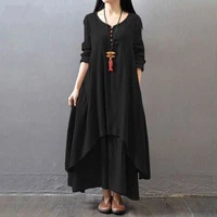 Robe asymétrique en coton et lin pour femme avec poches, col rond coréen, manches courtes, couleur unie, double couche irrégulière 2