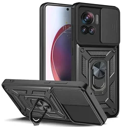 Shockproof Phone Case with Slide Camera Lens Cover and Holder - Moto G35 (Black)