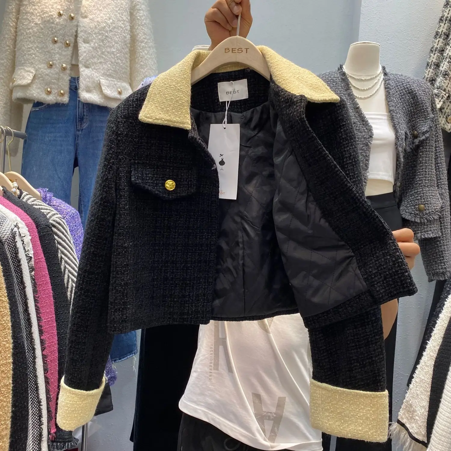 Short Tweed Jacket For Women 2023 Autumn Autumn Long Sleeve Outwear Ladies Temperament  Turn Down Collar Korean Cropped Coat