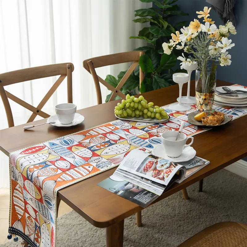 Retro Fish Table Runner Chenille Tassel Table Flags Nordic Pattern Runners Home Decorative Cloth for Dining Room