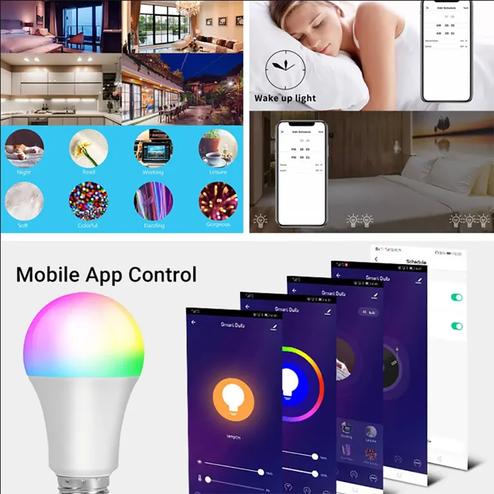 Tuya 15W WiFi E27 Smart Dimmable Bulb RGBCW 100-240V LED Light Smart Life App Control Support Alexa Google Home Alice smart light bulb adapter