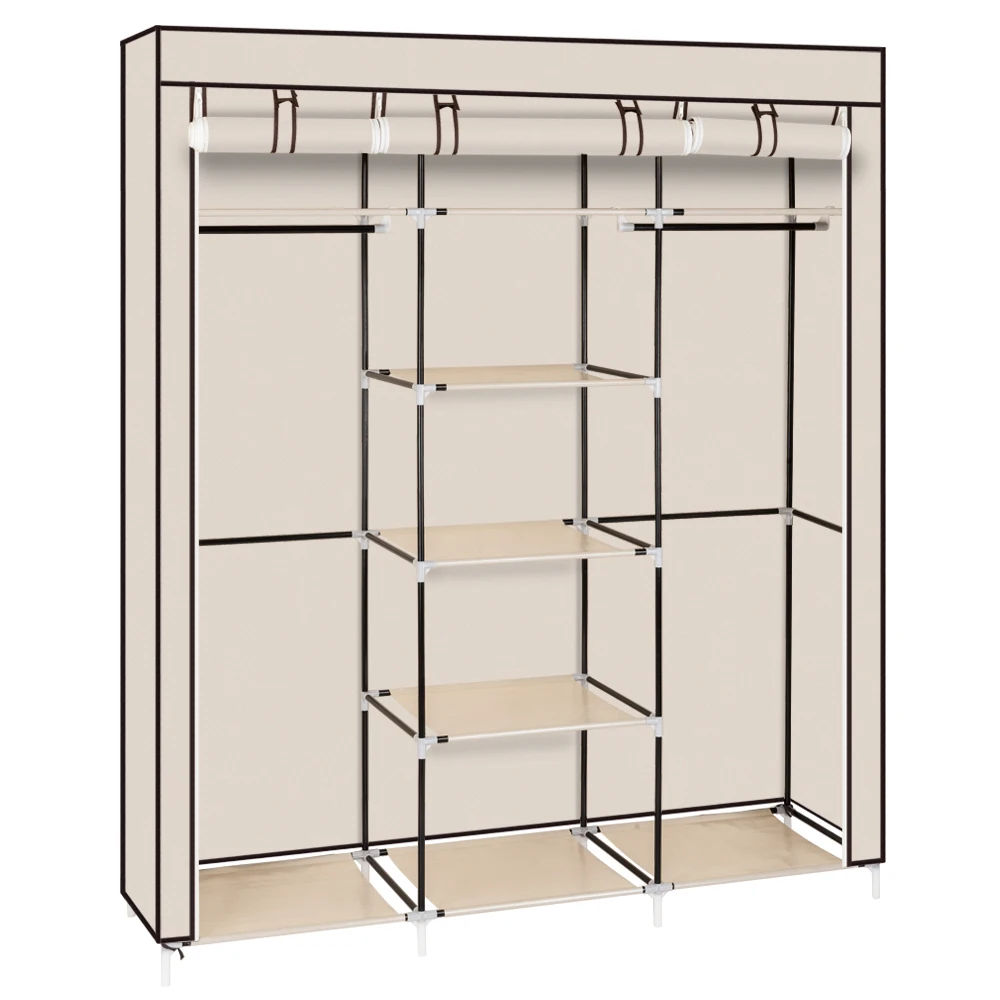 69" Portable Clothes Closet Non-Woven Fabric Wardrobe Double Rod Storage Organizer Beige 5