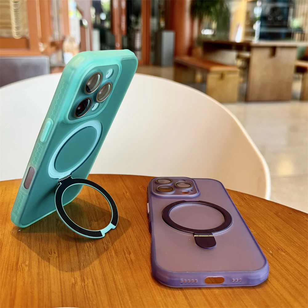Luxury Matte Translucent Magnetic Ring Stand Phone Case with Lens Protection and Shockproof Design