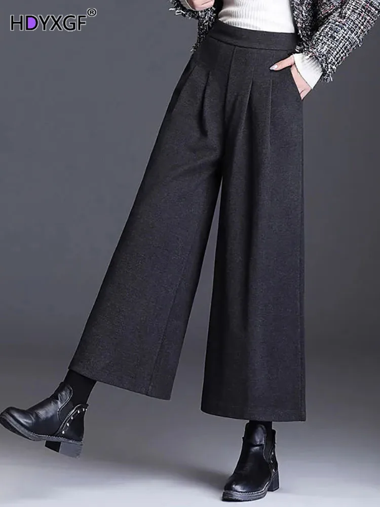 

Solid Color Simple Cozy Elastic Wide Leg Women Pants Korean Fahsion Baggy Straight Pants Autumn Winter Warm Woolen Soft Trousers