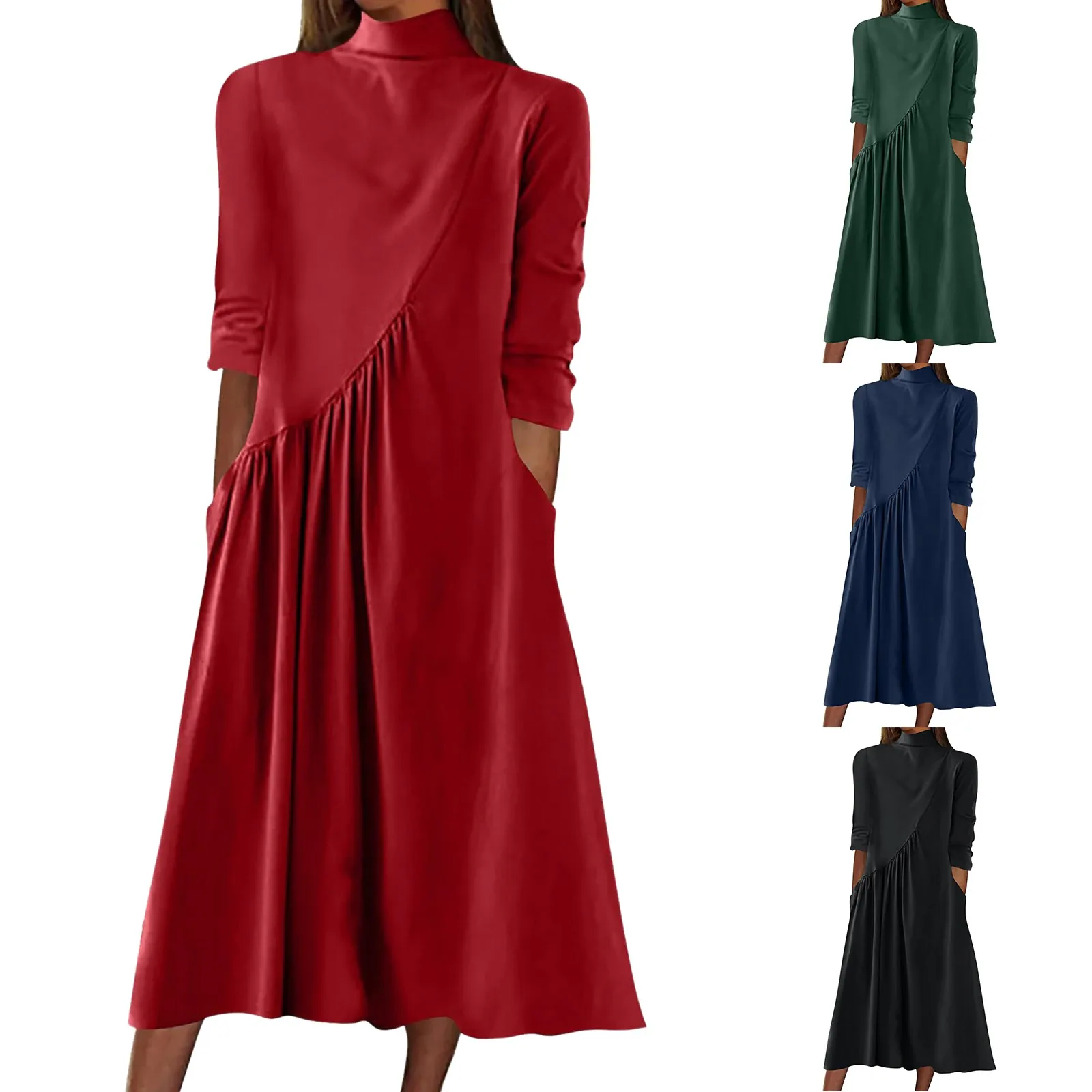 

Womens Long Sleeve Turtleneck Casual Dresses Fall Winter Vintage Loose Pleated Solid Color Swing Ladies Midi Dress With Pockets