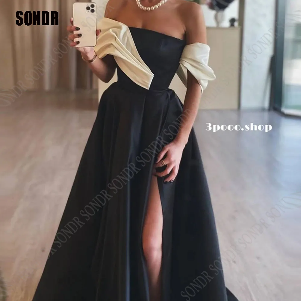 

SONDR Vintage Black Side Slit Satin A Line Evening Party Dresses Long Short Sleeves Floor Length Formal Event Occasion Dress