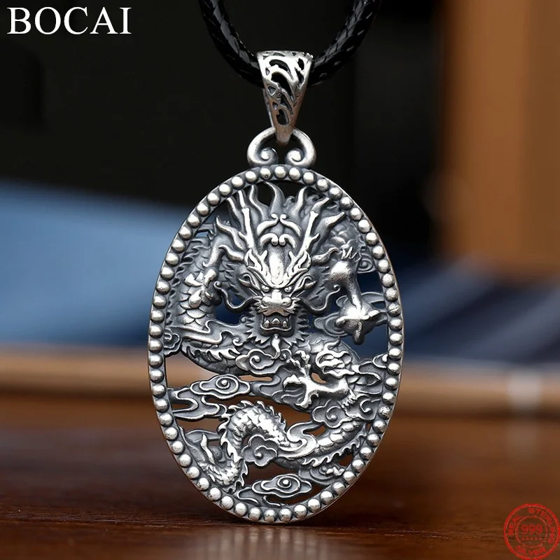 

BOCAI S999 Sterling Silver Pendants for Women Men New Fashion Hollow Flying Dragon Oval Argentum Amulet Jewelry Free Shipping