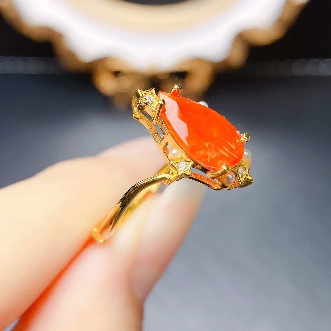 AAA VVS Orange Fire Opal Natural Untreated Earth Mined Red Opal Engagement Ring 925 Silver Opal With Star Promise Rings