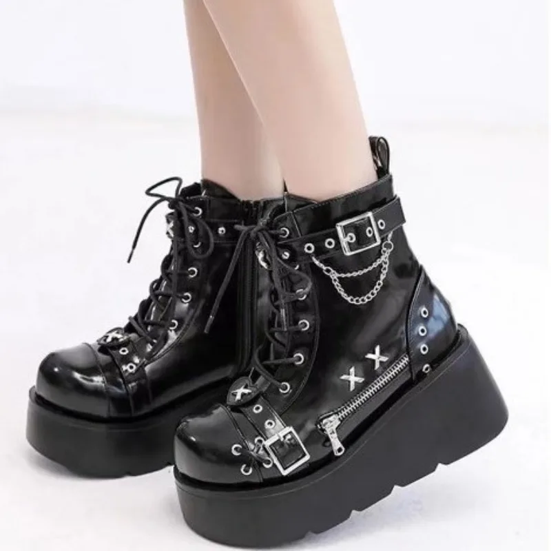 

Original High-heeled Boots Hot Girl Thick-soled Round Toe Super Cool Short Boots Buckle Decorative Lace-up Punk Style