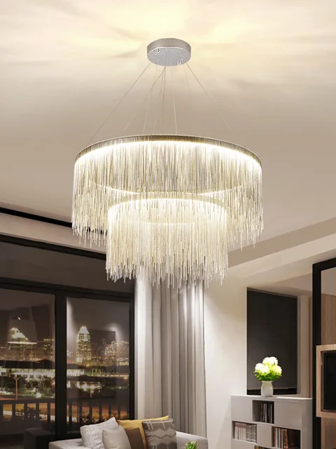 Hermosa lámpara colgante Art Deco, cadena de aluminio para salón, dormitorio, restaurante, lámpara colgante de Metal plateado 5