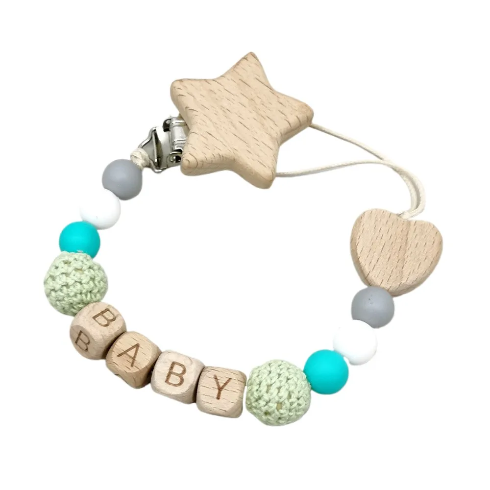 Personalized Name Baby Pacifier Clips Wooden Star & Heart Beads, Colorful Crochet Beads, Anti-Drop Soother Holders