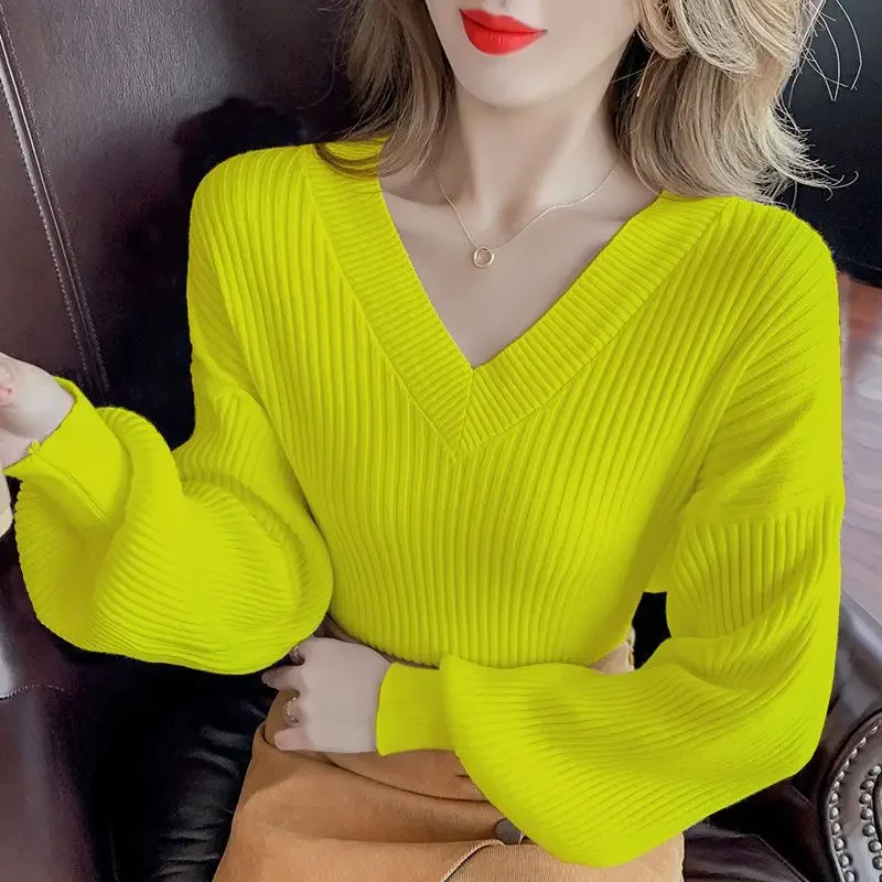 

Women's V-neck Pullover, New Fall Korean Fashion Knitwear Winter Lantern Long-sleeved, Clothes for Women Knit Sweater Women