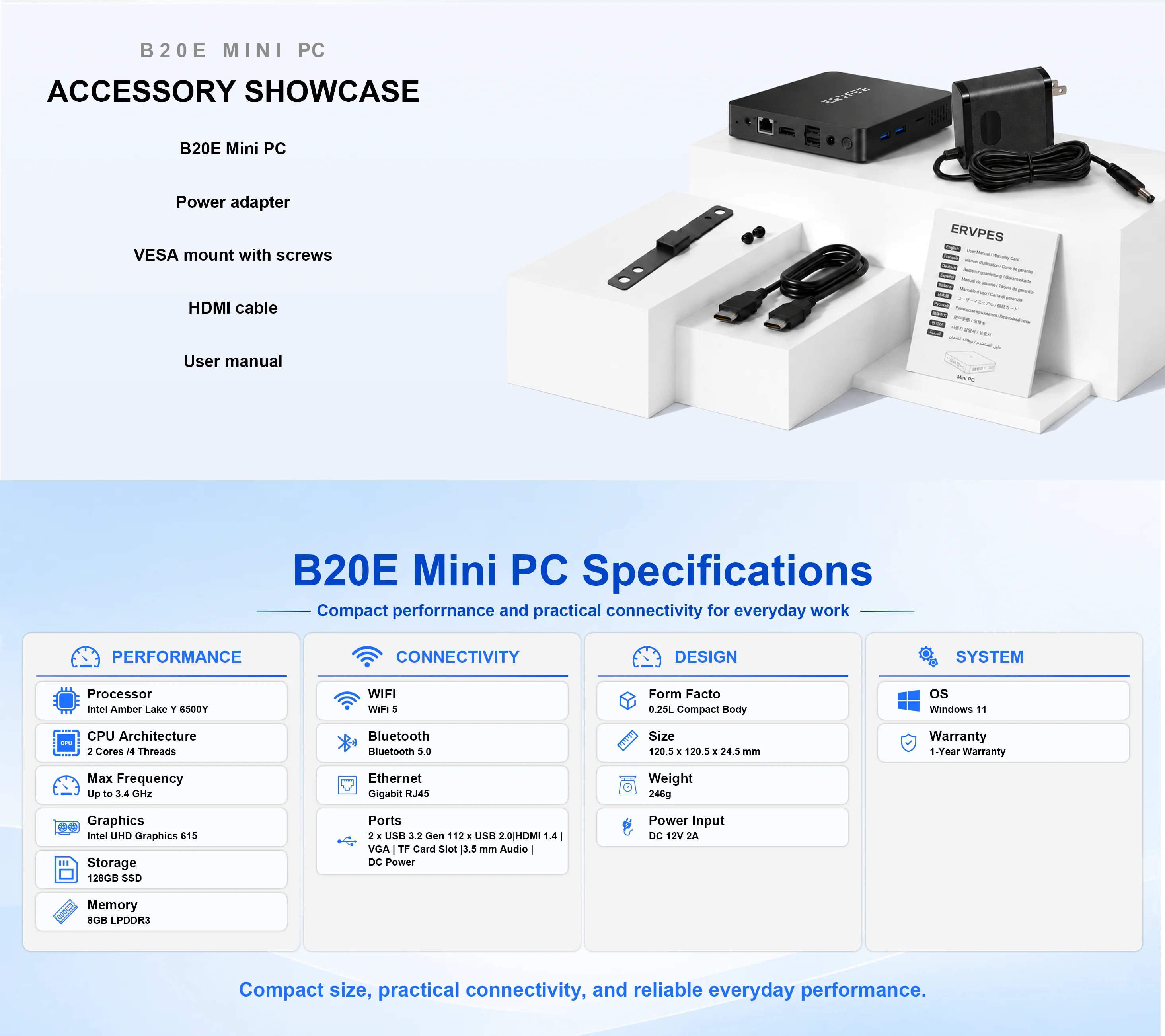 Ervpes B20E Mini Pc 8Gb Ram 128Gb Ssd Intel 6500Y Windows 11 Bt5.0 Apollo Lake Desktop Micro Computer Dual Band Wi-Fi HDMI