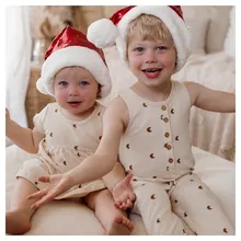 

pudcoco 2022 New Infant Rompers Round Collar Sleeveless Moon Print Jumpsuit for Babies Brown/ White