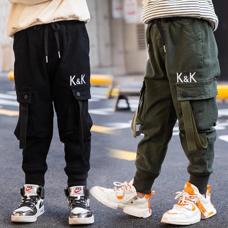 

Boys Pants Big Pocket Boy's Black Trousers Casual Sports Pants Cargo Pants Spring Autumn Teenage Boys Clothing Long Pants
