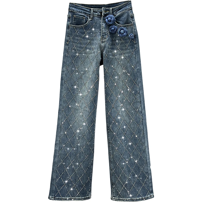 Extra Long Jeans Women's 2023 New Autumn High Waist Loose And Slimming Hot Rhinestone Flower Mop Wide Leg Pants Trousers Female