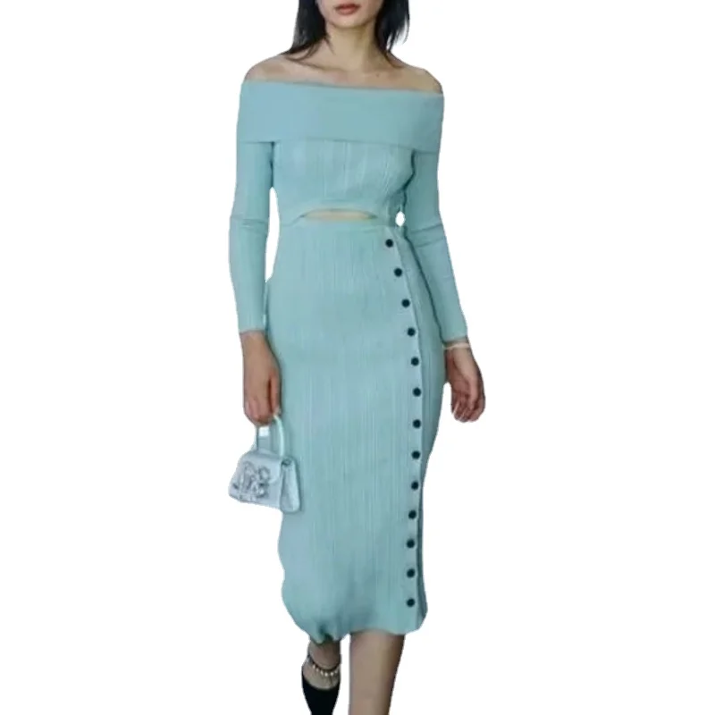 

VII 2023 Brand SP Female Dress Elegant Long Sleeve Side Split Knit Dress Elegant and Pretty Women's Dresses Free Shipping Offers