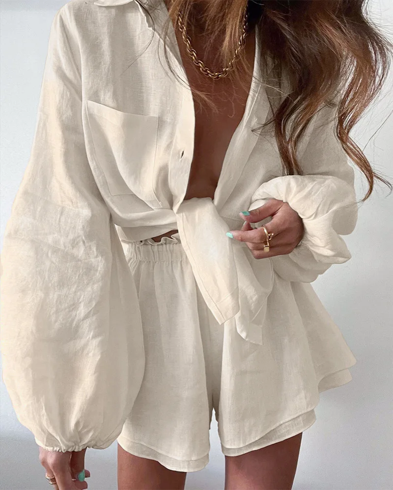 2022 Women Spring Summer Bohemian Shorts Sets Solid White Loose Fit Outfits Blouse Suit 2 Two Piece Set For Women Uellow