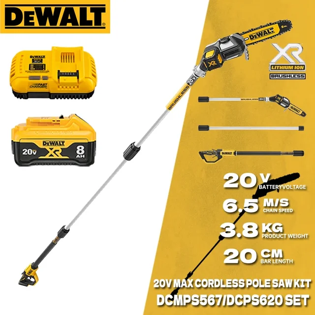 DEWALT 20V 브러시리스 폴 톱, 산업 등급, 텔레스코픽 폴, 높은 고도 체인 톱, DCMPS567, DCB118, DCB115