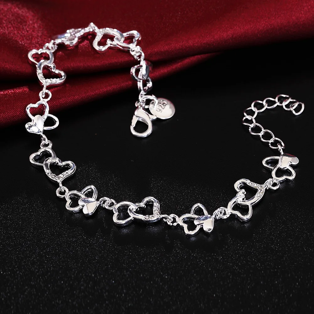 

Fine Charms 925 Sterling Silver Pretty Romantic Heart Chain Bracelet for Woman Luxury Jewelry Wedding Party Holiday Gifts