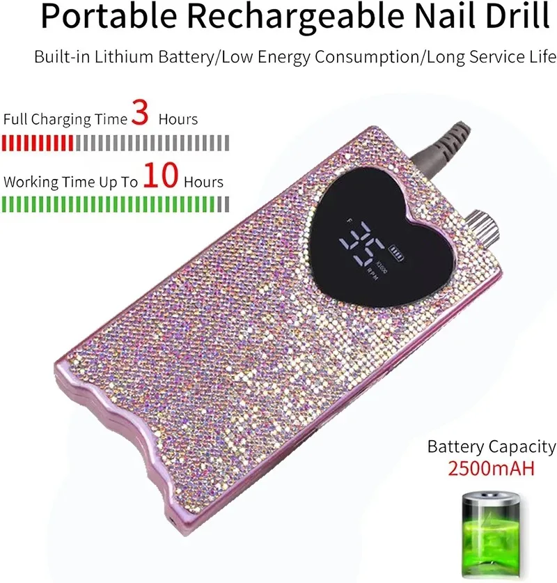 35000RPM Rechargeable Nail Drill Machine & 96W Hybird Nail LED UV Lamp with Diamonds Heart-Shaped Design for Manicure Pedicure 3