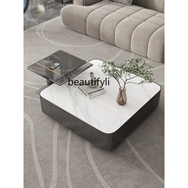 

Modern Stainless Steel Wire Drawing Craft Bright Stone Plate Living Room Home Square Small Apartment Coffee Table Combination