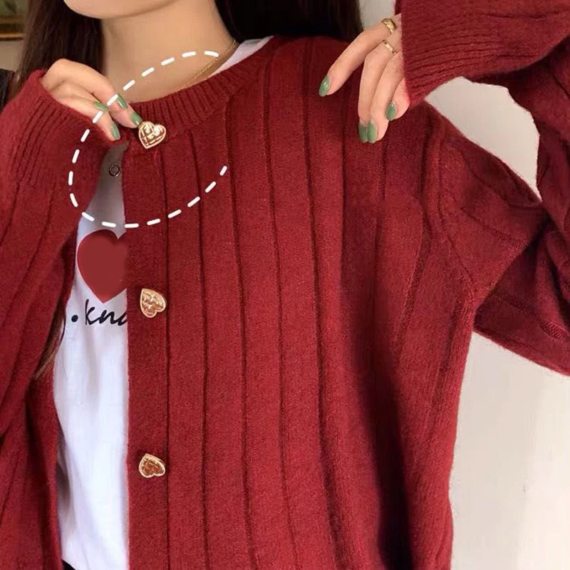 Women Knitted Cardigan Sweater Striped Long Sleeve