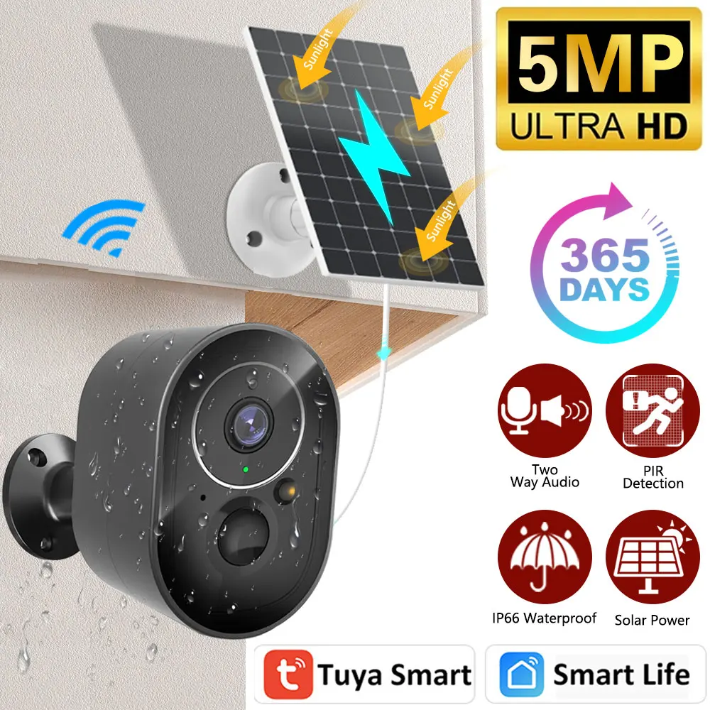 5MP TUYA Smart Life Solar Outdoor WiFi IP Camera PIR Motion Wireless Camera Low Power Battery Security Protection Home Cameras